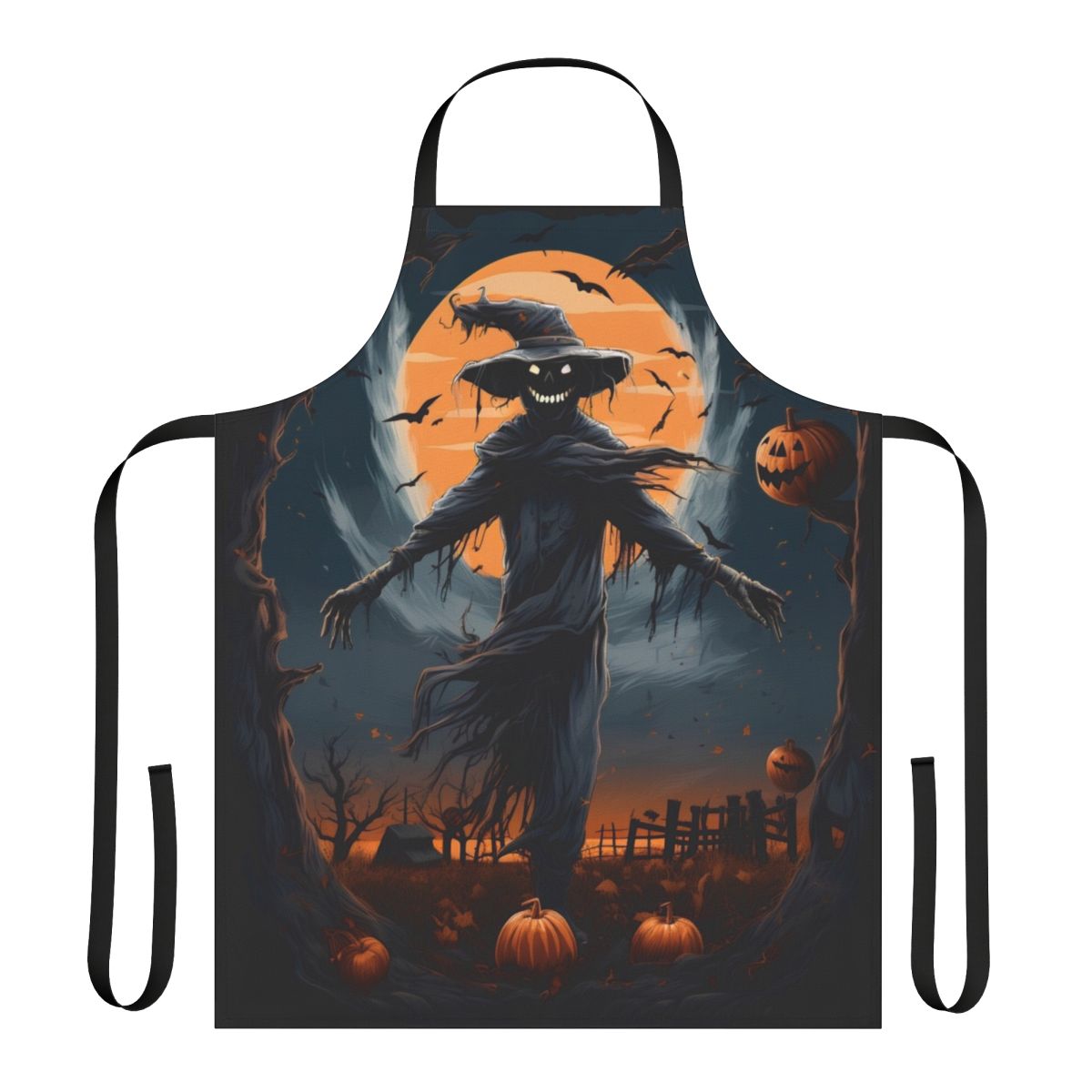 Haunting scarecrow design on a black apron under a full moon