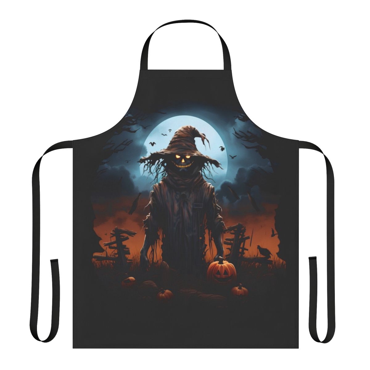 Spooky scarecrow apron with a full moon backdrop