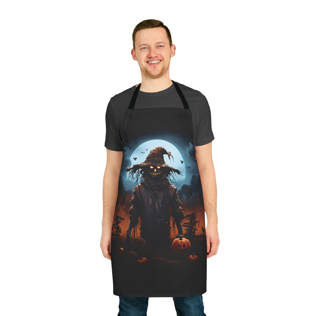 Spooky scarecrow apron with a full moon backdrop
