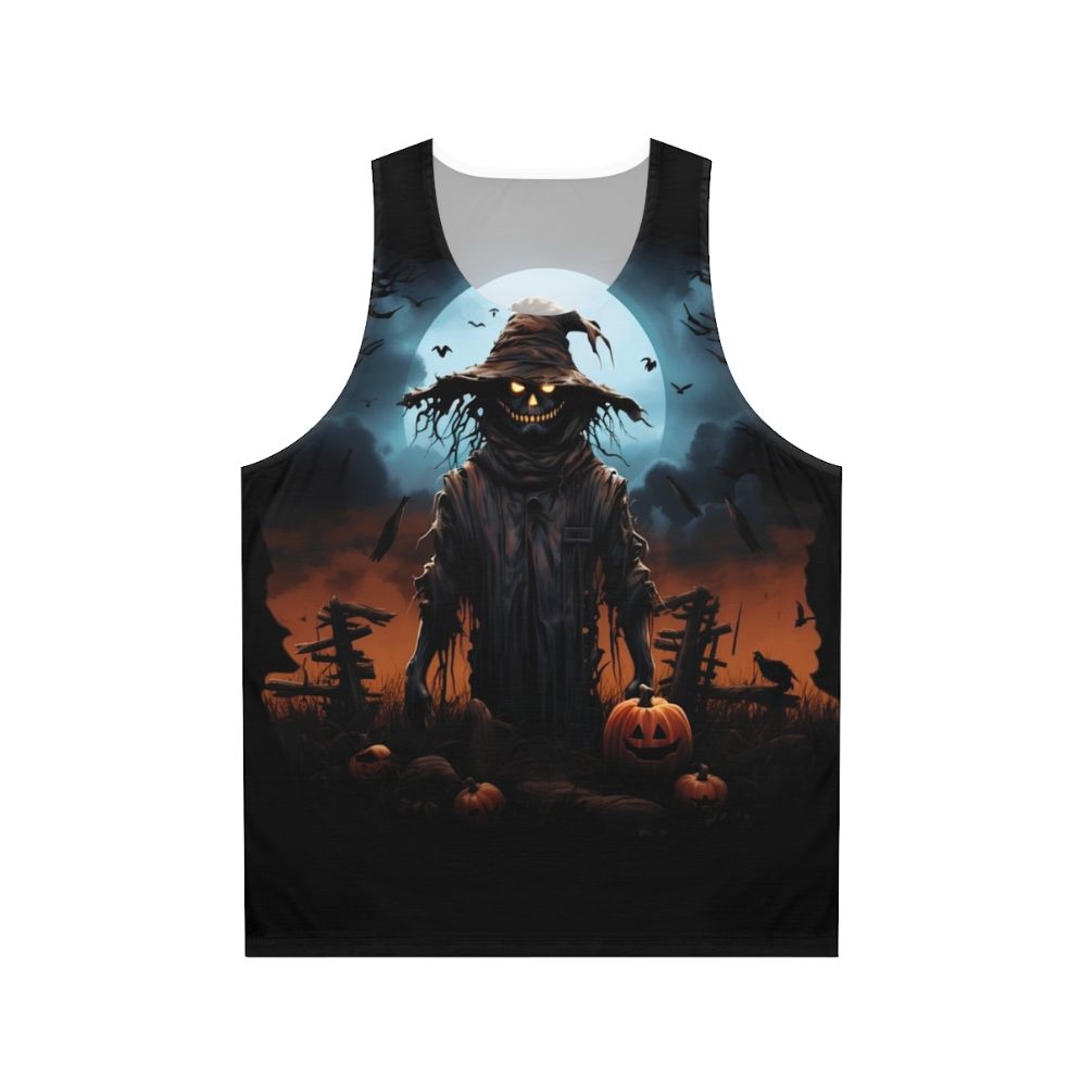 Spooky scarecrow under full moon on unisex tank top
