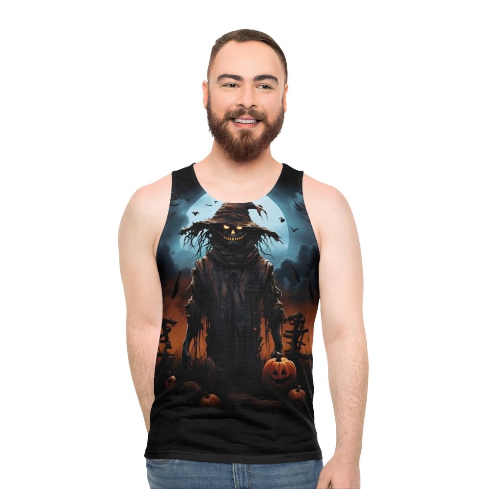 Spooky scarecrow under full moon on unisex tank top