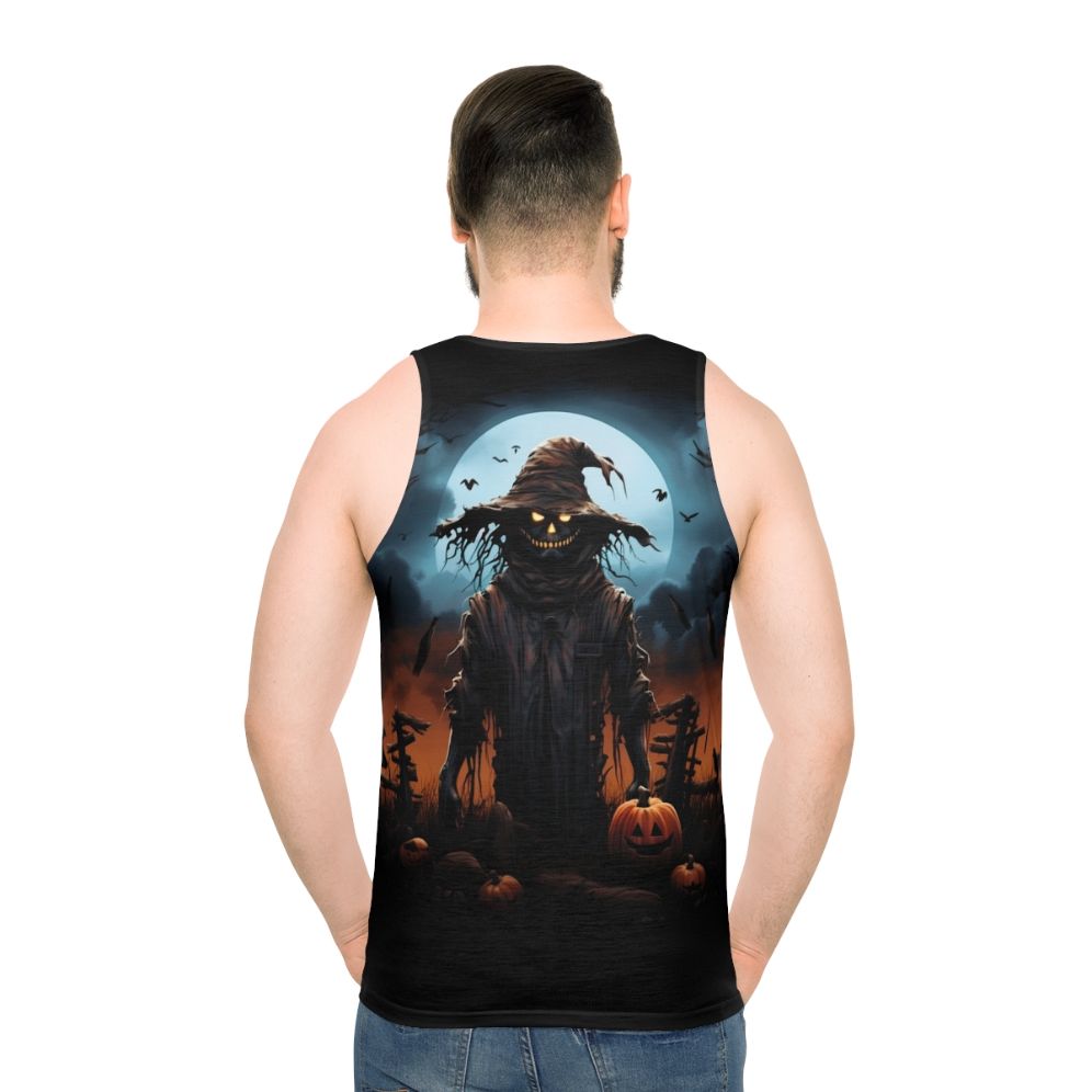 Spooky scarecrow under full moon on unisex tank top