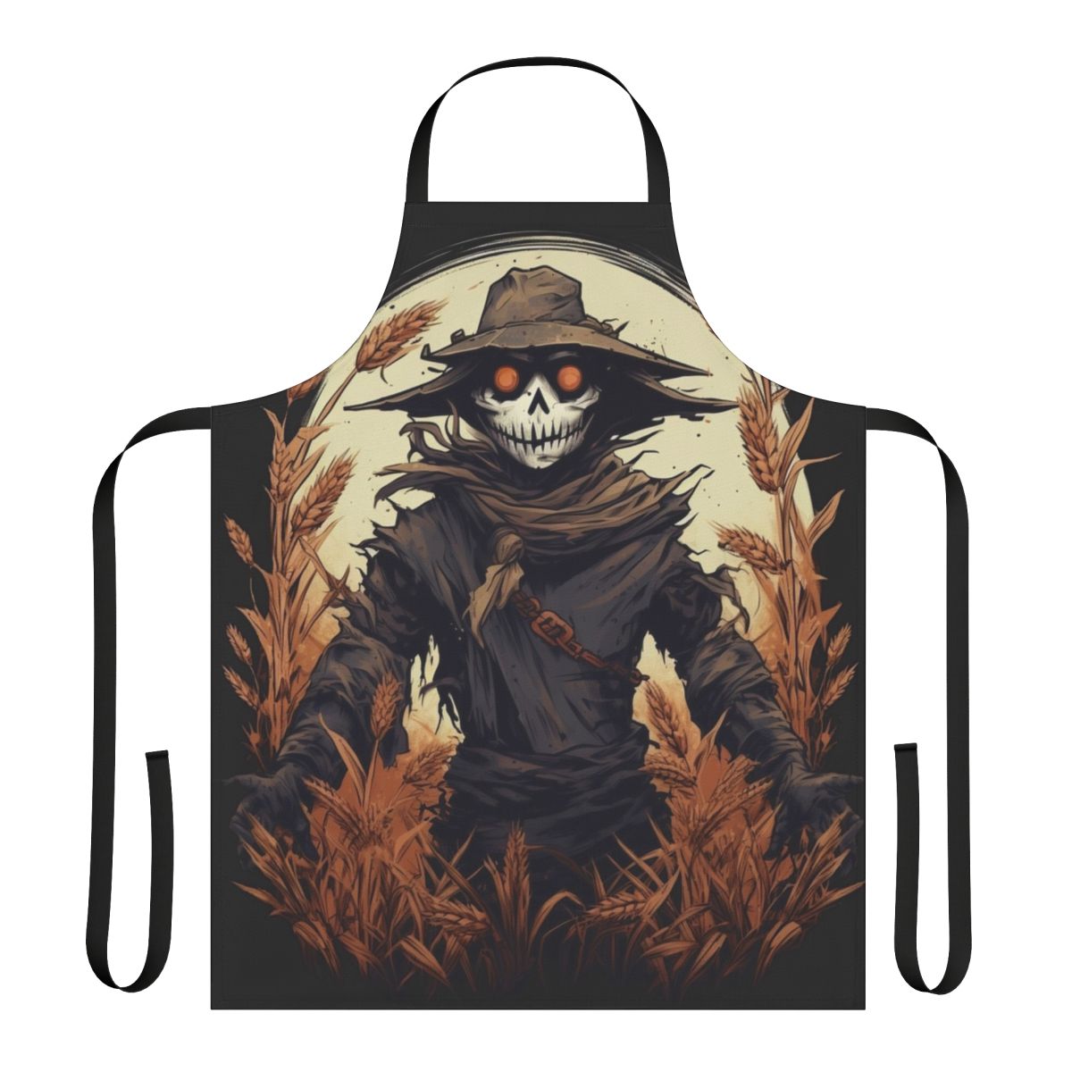 Scarecrow-themed Halloween apron with spooky, creepy design