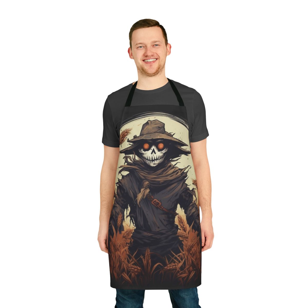 Scarecrow-themed Halloween apron with spooky, creepy design