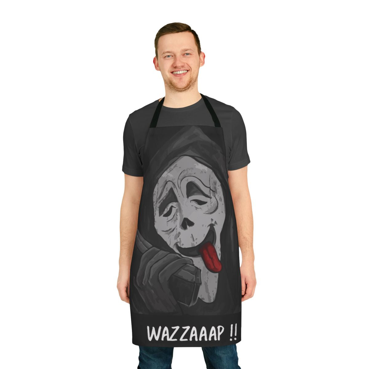 Apron featuring the iconic "Wazzaaap" horror movie quote