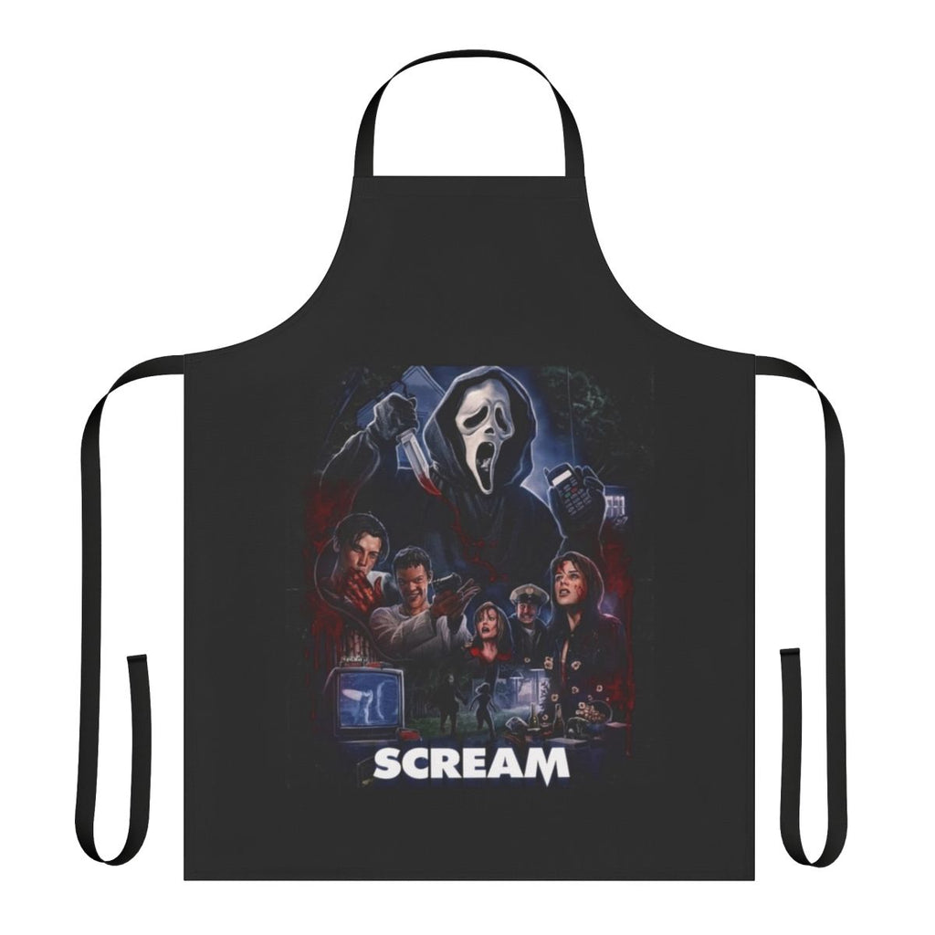 Scream horror movie themed apron with ghostface and other iconic elements