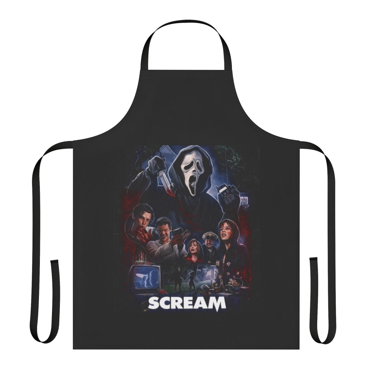 Scream horror movie themed apron with ghostface and other iconic elements