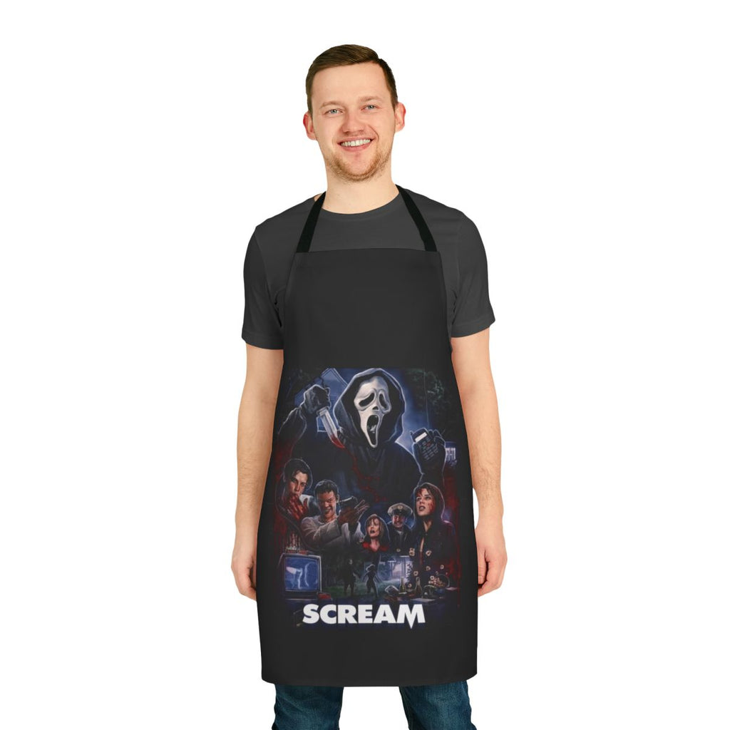 Scream horror movie themed apron with ghostface and other iconic elements