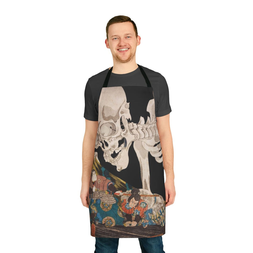 Spooky skeleton ghost design on a high-quality apron, inspired by traditional Japanese ukiyo-e woodblock prints