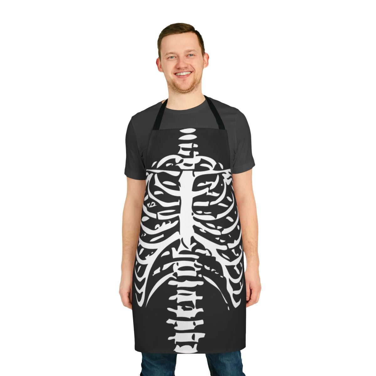 Skeleton rib cage printed on a black apron with adjustable neck and waist straps