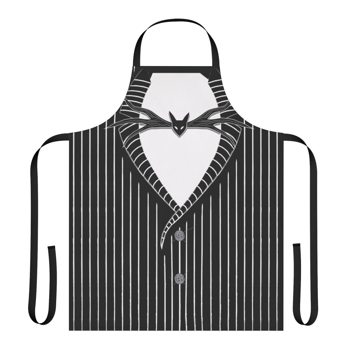 Skeleton wearing a tuxedo printed on a black cotton apron