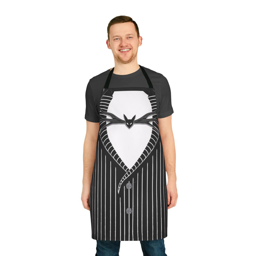 Skeleton wearing a tuxedo printed on a black cotton apron