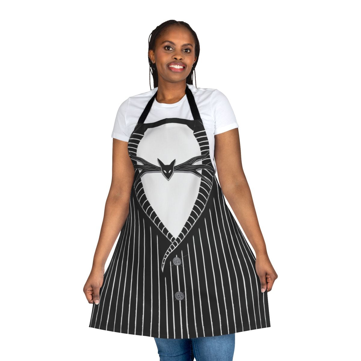 Skeleton wearing a tuxedo printed on a black cotton apron