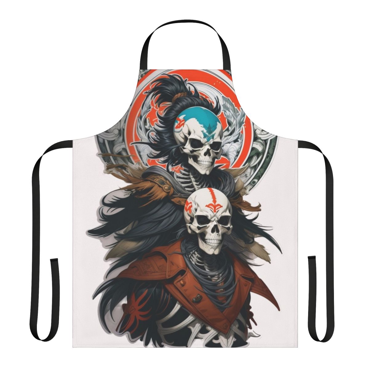 Skeleton warrior design printed on a black apron