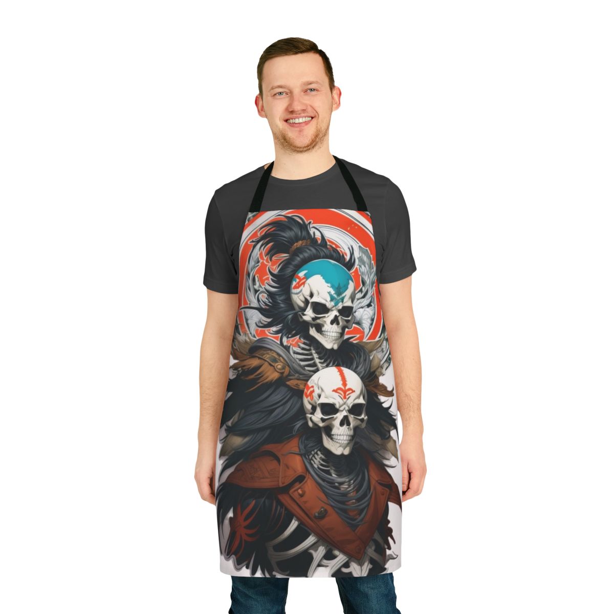 Skeleton warrior design printed on a black apron
