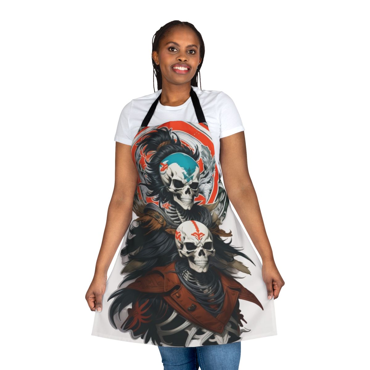 Skeleton warrior design printed on a black apron