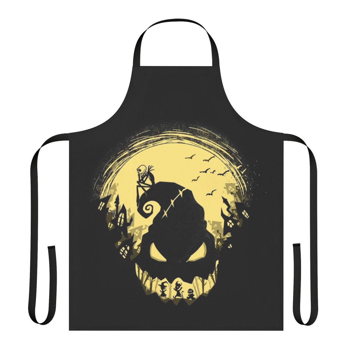 A black apron featuring the character Jack Skellington from the Tim Burton film "The Nightmare Before Christmas".