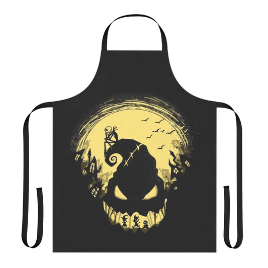 A black apron featuring the character Jack Skellington from the Tim Burton film "The Nightmare Before Christmas".