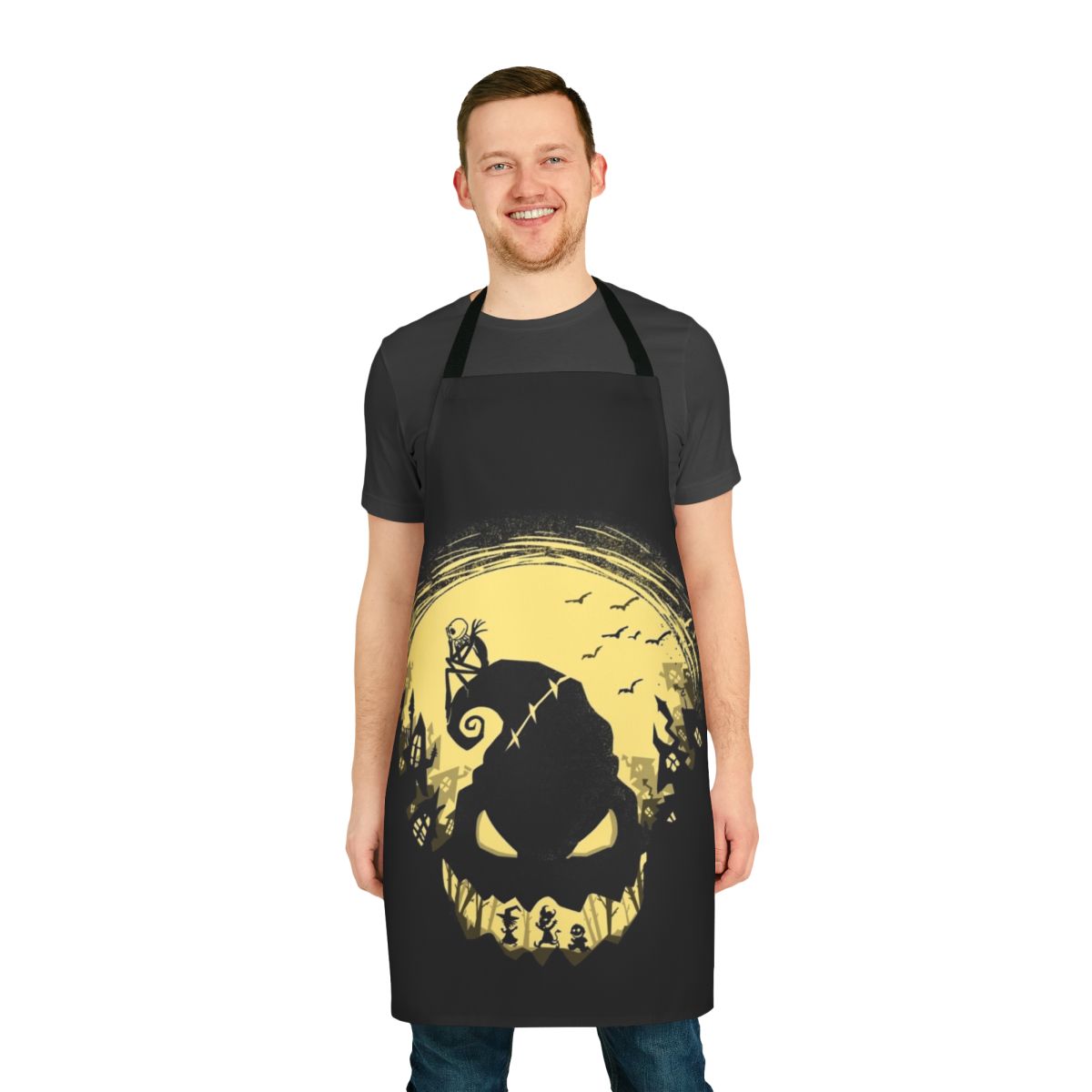 A black apron featuring the character Jack Skellington from the Tim Burton film "The Nightmare Before Christmas".