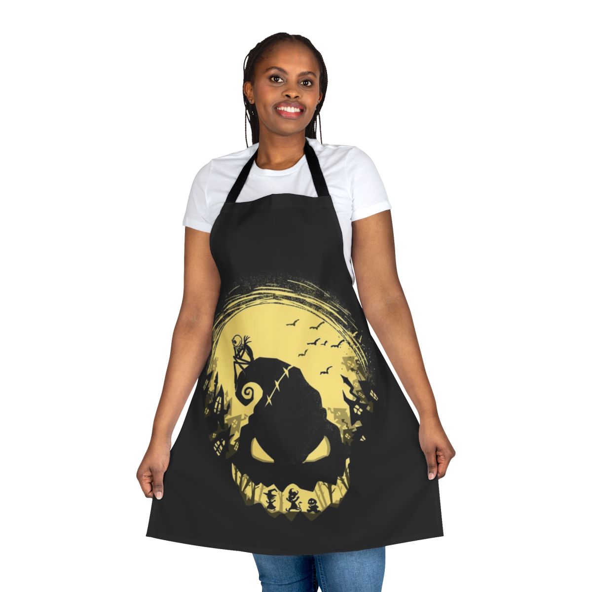 A black apron featuring the character Jack Skellington from the Tim Burton film "The Nightmare Before Christmas".