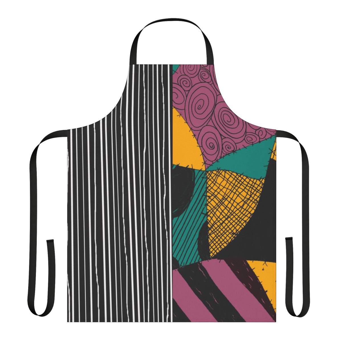 A black and white apron with Jack Skellington and Sally from The Nightmare Before Christmas design