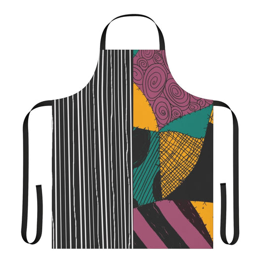 A black and white apron with Jack Skellington and Sally from The Nightmare Before Christmas design