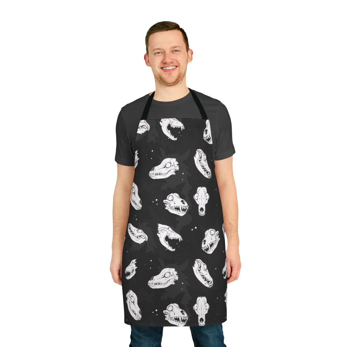 Apron featuring a spooky skull dog design, inspired by the SCP-1471 "Mal0" creature