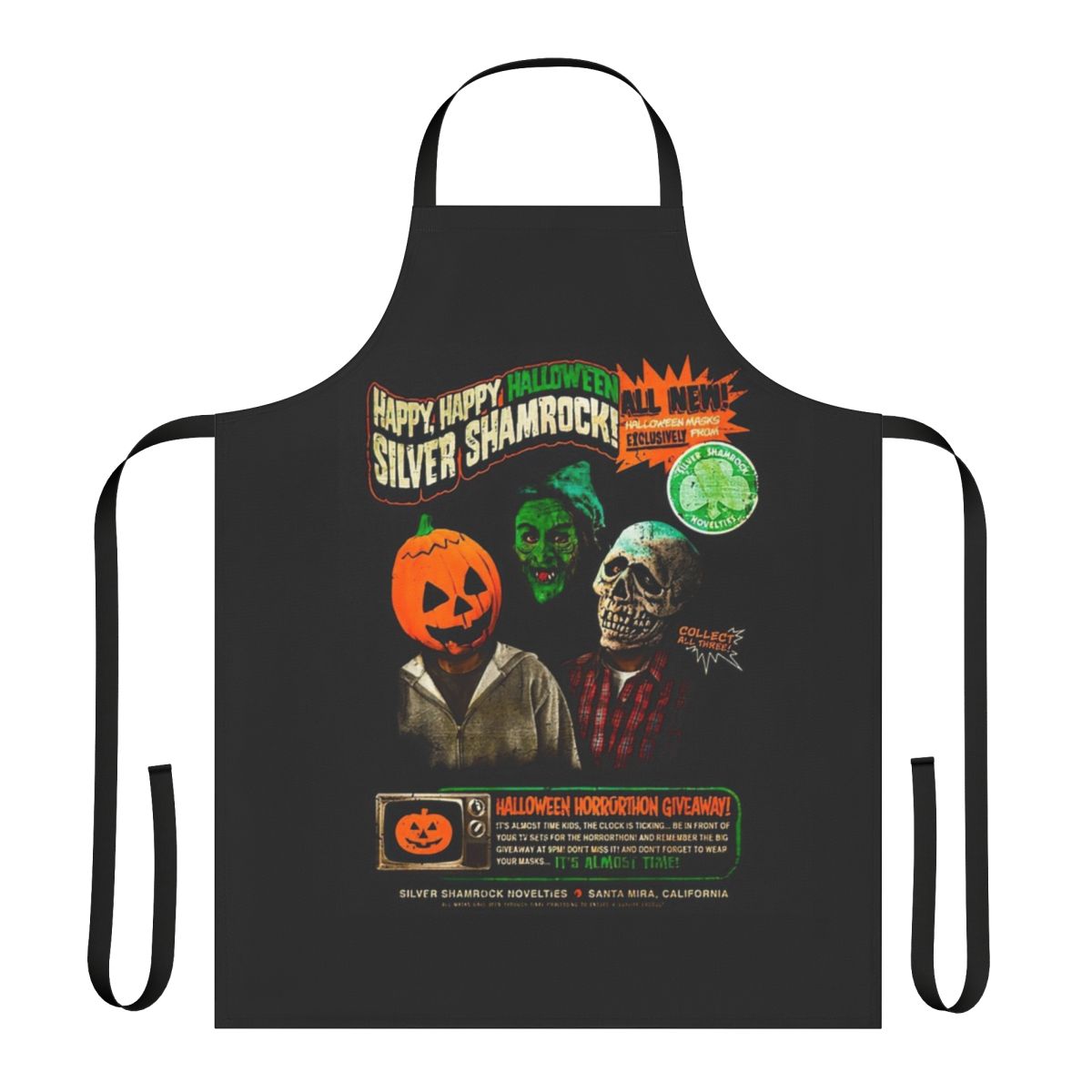 Skull graphic apron inspired by the cult classic horror film Halloween 3: Season of the Witch