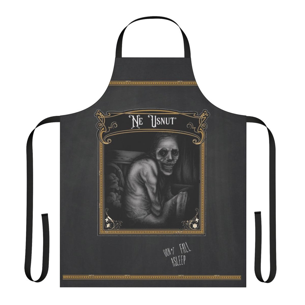 Spooky sleep deprivation horror-themed apron with Russian sleep experiment inspired graphic