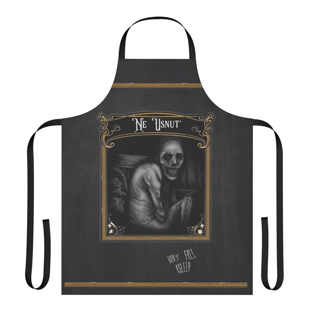 Spooky sleep deprivation horror-themed apron with Russian sleep experiment inspired graphic