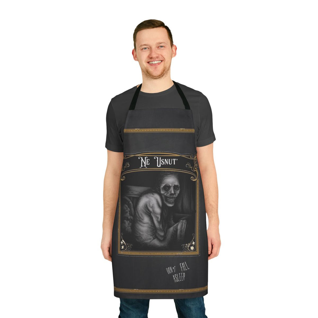 Spooky sleep deprivation horror-themed apron with Russian sleep experiment inspired graphic