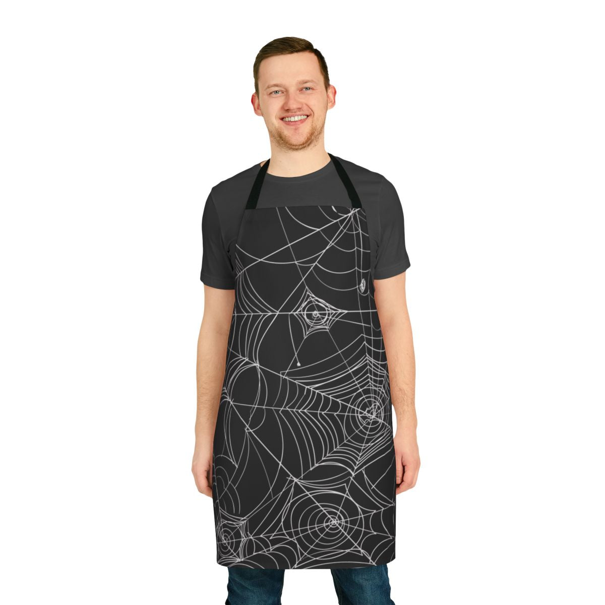 Spooky spider web design on a black apron, perfect for Halloween and autumn