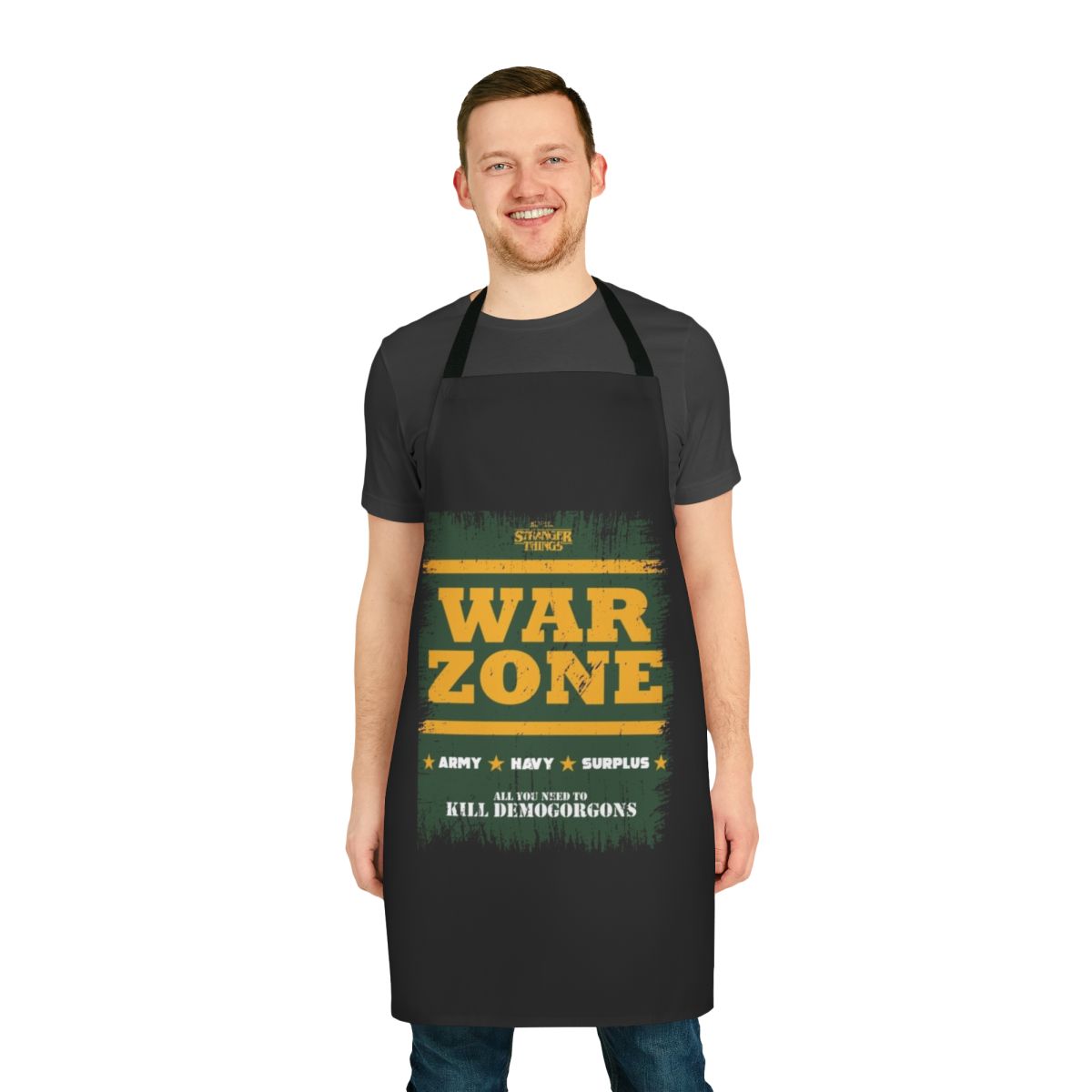A black apron featuring the Demogorgon from the popular Netflix series Stranger Things.