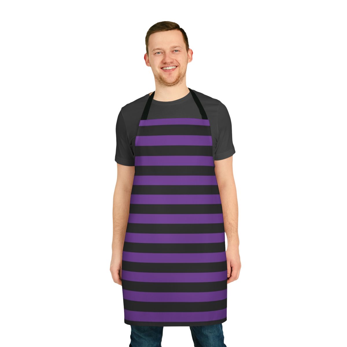 Purple and black striped apron with a spooky, witchy design