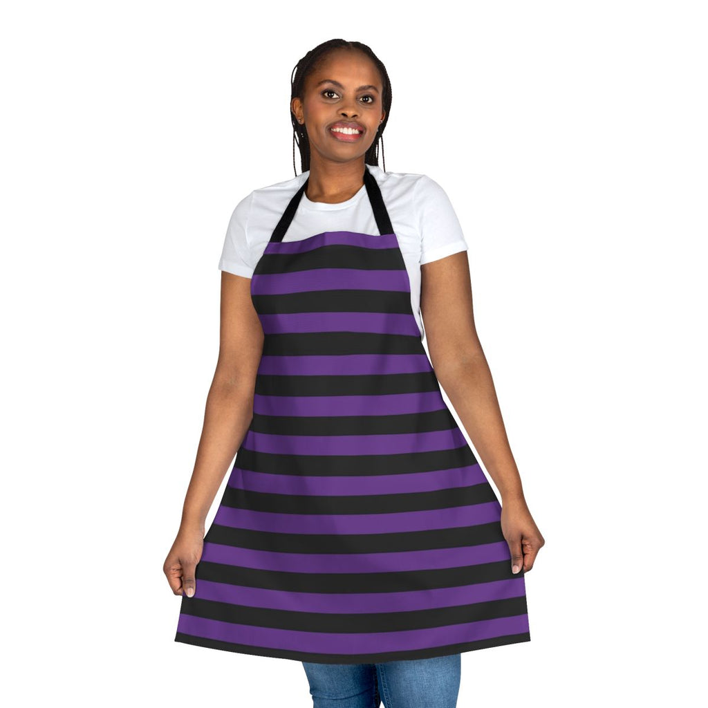 Purple and black striped apron with a spooky, witchy design