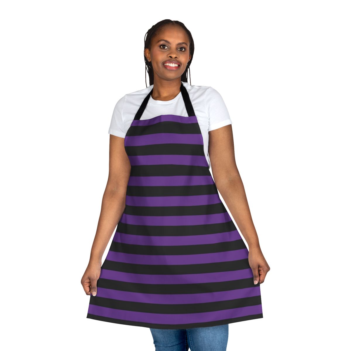 Purple and black striped apron with a spooky, witchy design