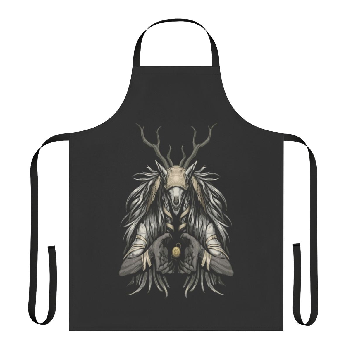 Spooky apron with gothic and horror-inspired design, featuring a supplicant character