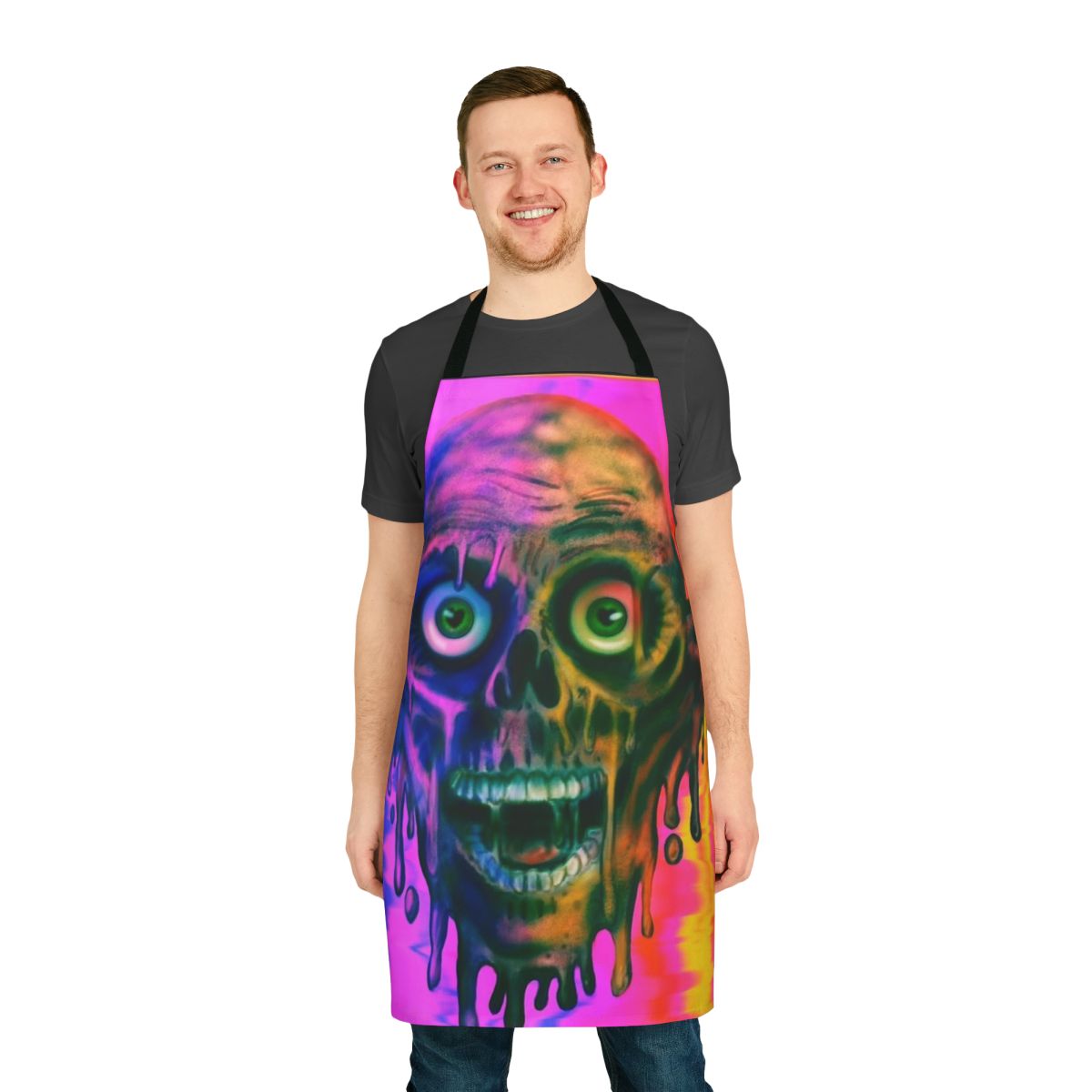 Colorful apron featuring a frightening tar man zombie character from horror movies