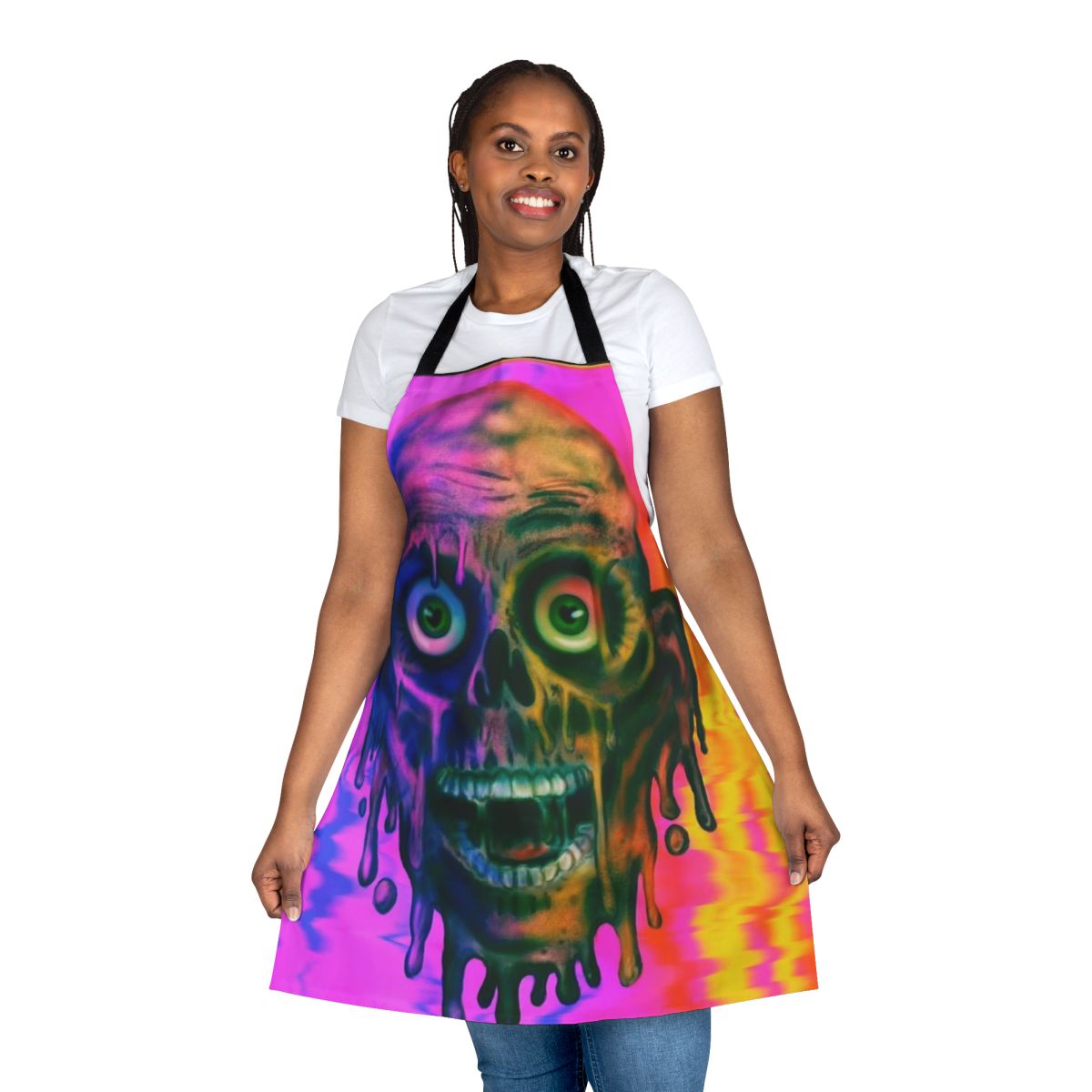 Colorful apron featuring a frightening tar man zombie character from horror movies