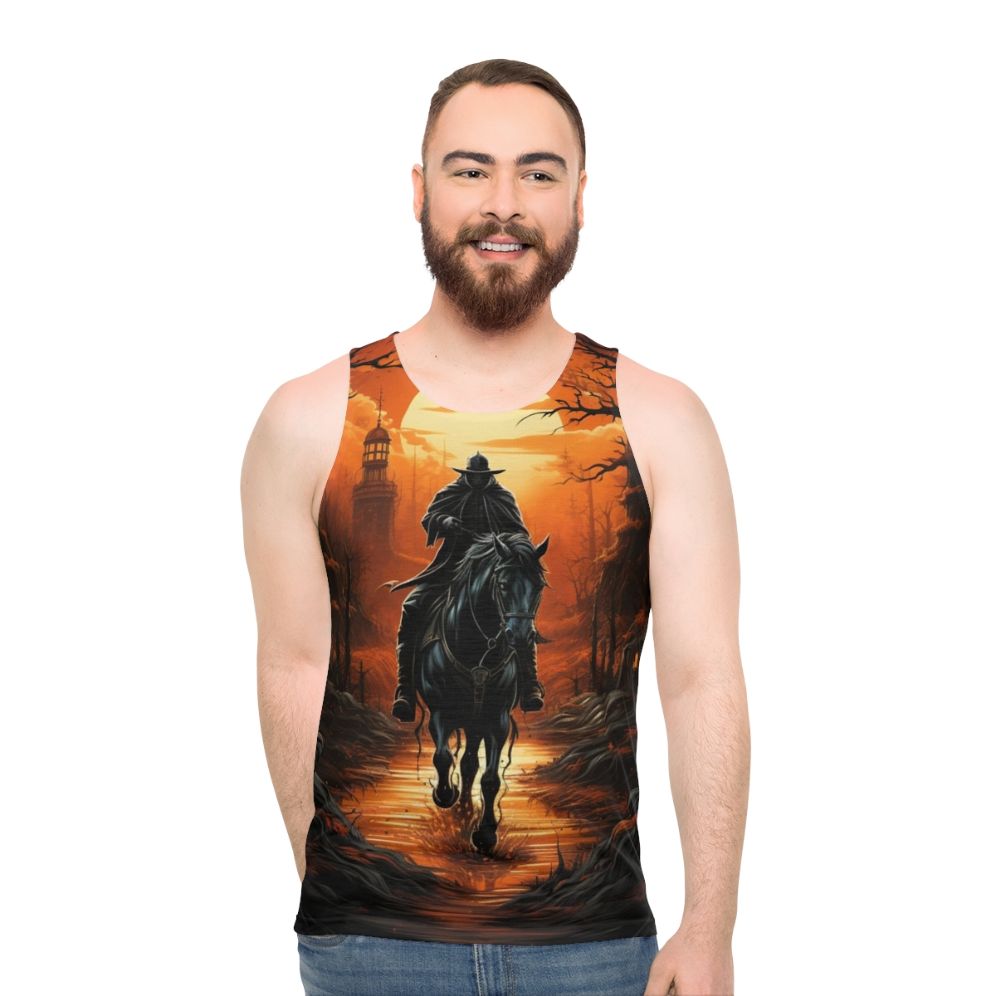 Unisex tank top with ghostly headless horseman design