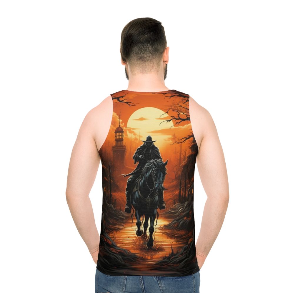 Unisex tank top with ghostly headless horseman design