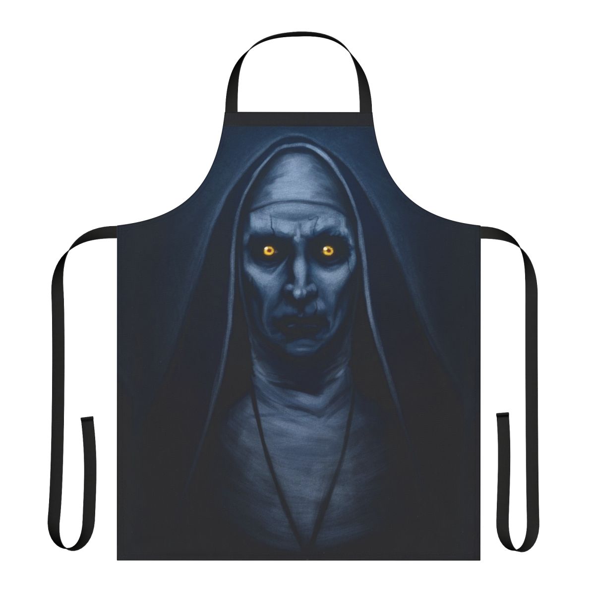 Spooky Valak-inspired apron with horror and paranormal motifs