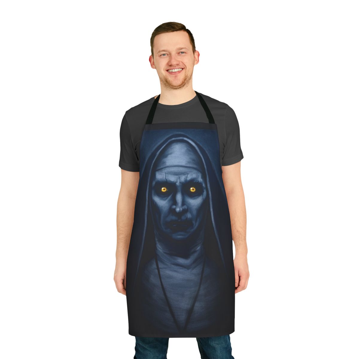 Spooky Valak-inspired apron with horror and paranormal motifs
