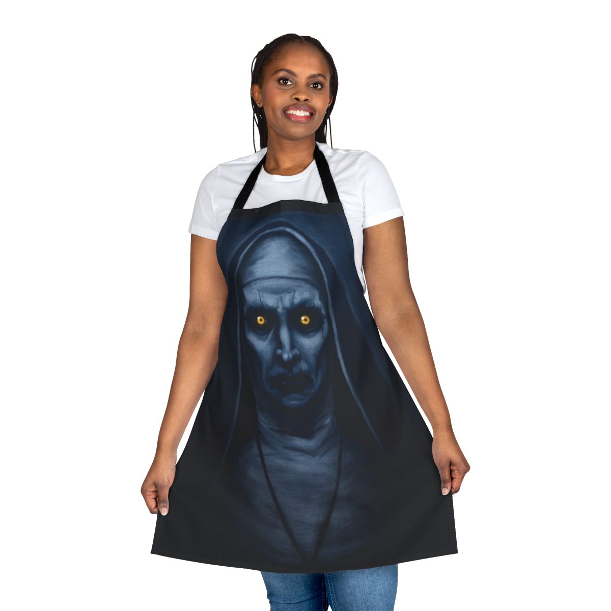 Spooky Valak-inspired apron with horror and paranormal motifs