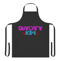 A black apron with a gothic, vampire-inspired design featuring a red and white color scheme.