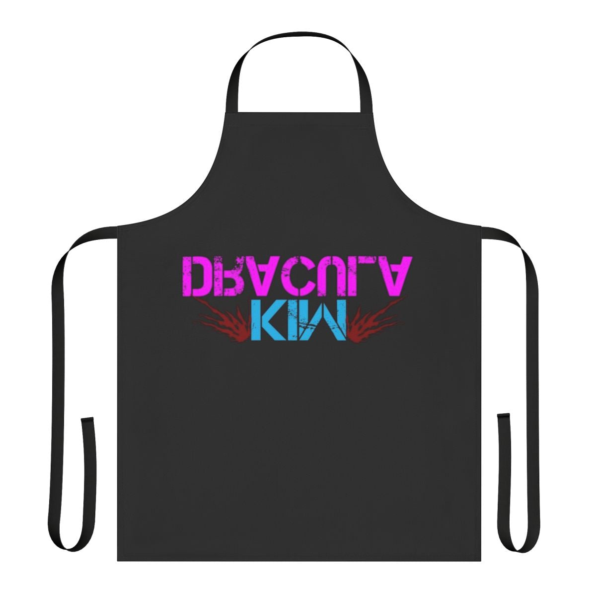 A black apron with a gothic, vampire-inspired design featuring a red and white color scheme.