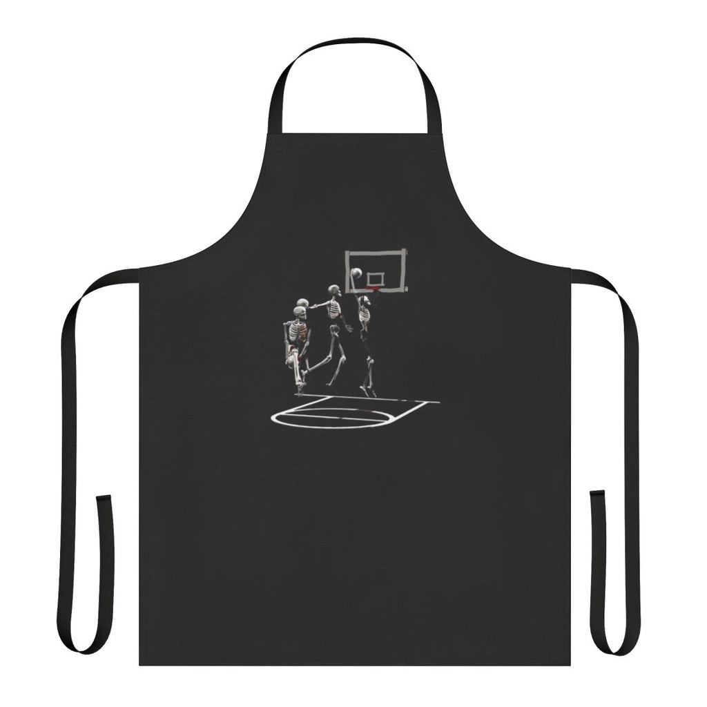 A black and white apron featuring a skeleton basketball player design.