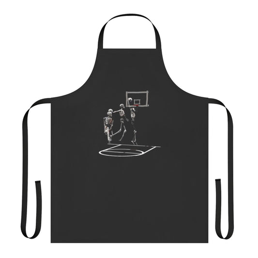 A black and white apron featuring a skeleton basketball player design.