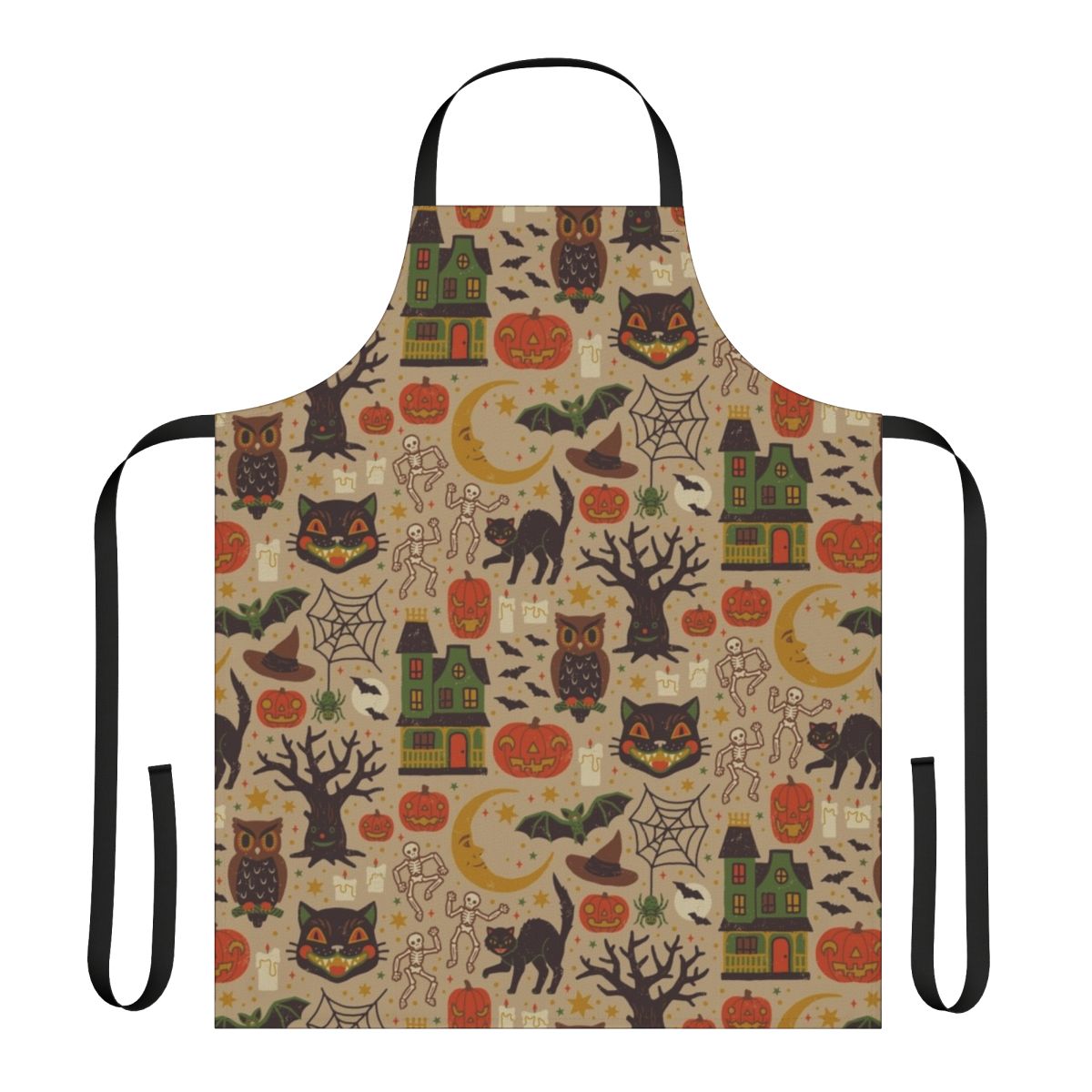 Vintage-inspired Halloween apron with black cats, pumpkins, owls, and other spooky motifs