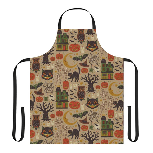 Vintage-inspired Halloween apron with black cats, pumpkins, owls, and other spooky motifs